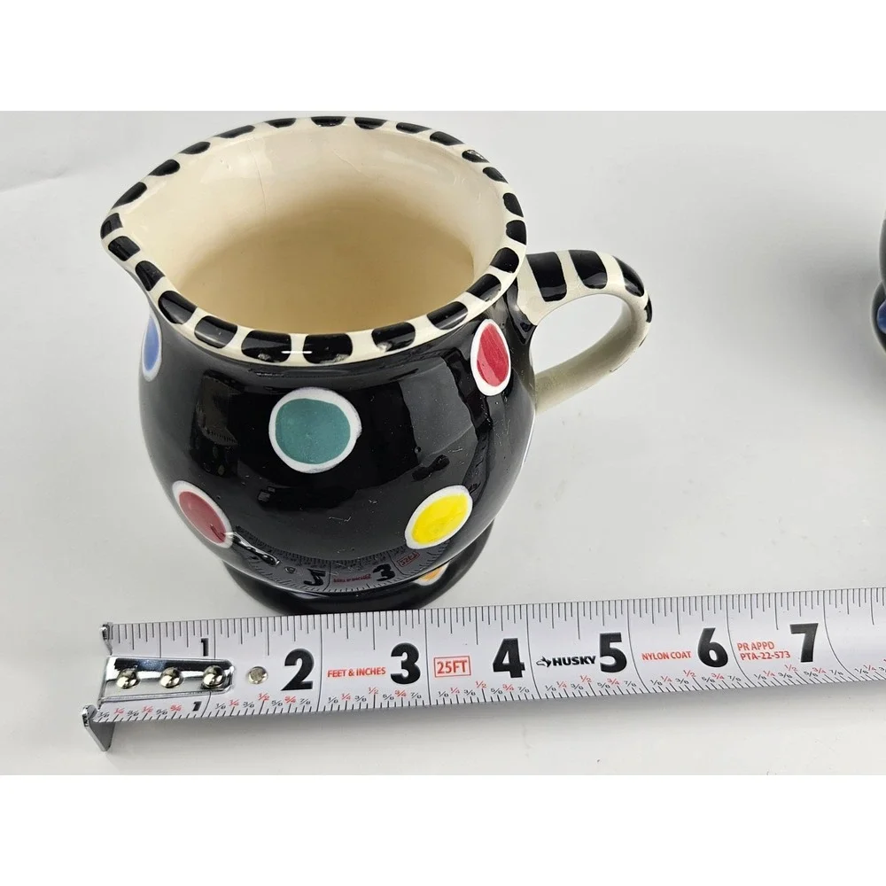 Lynn Morris Signed 3 Piece‎ Ceramic Creamer Sugar Set Polka Dot Black